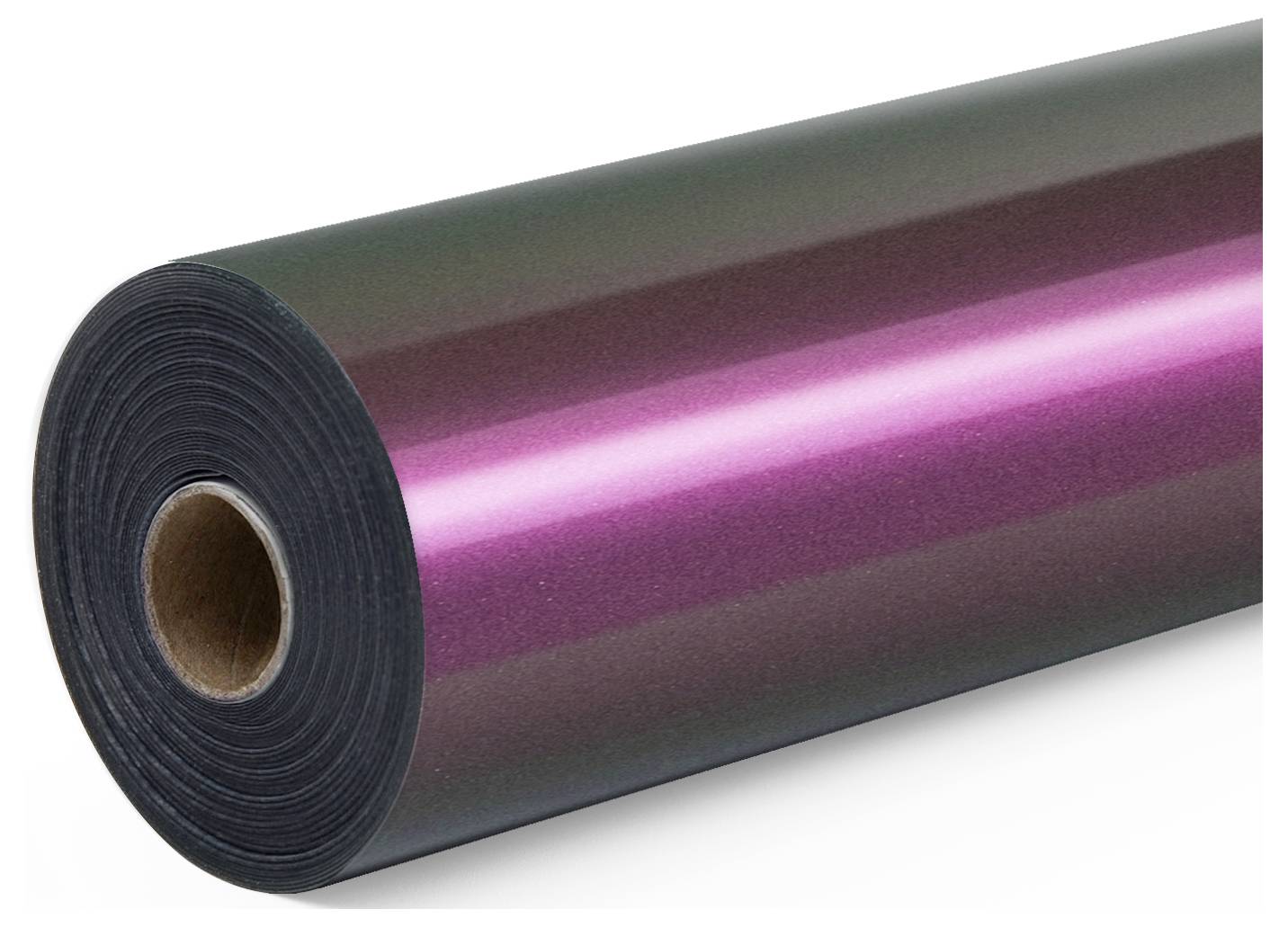 Lesklá rolka opalescenčnej vinylnej fólie so zákresami v ružovej a zelenej farbe. Rolka je zobrazená zo strany, pričom je viditeľná jej dĺžka a farebný gradient.