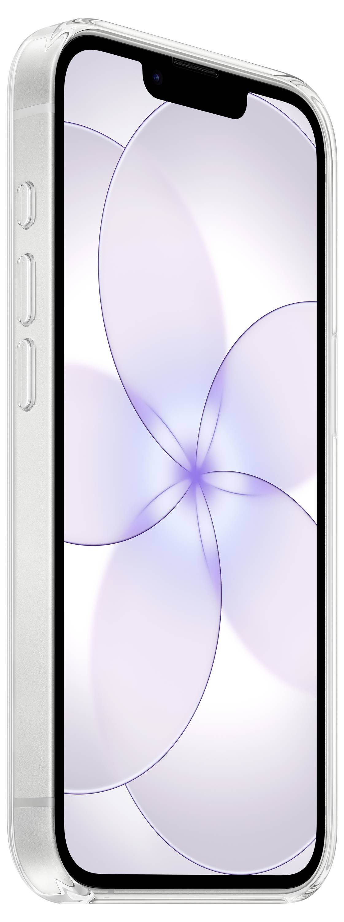 Smartphone zobrazuje na svojej obrazovke mäkký fialový a biely abstraktný dizajn, s úzkym pohľadom zo strany zobrazujúcim tlačidlá hlasitosti.