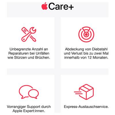 Obrázok zobrazuje program Apple Care+. Ponúka neobmedené opravy, ochranu pred krádežou, odborná podporu a expresnú výmenu.