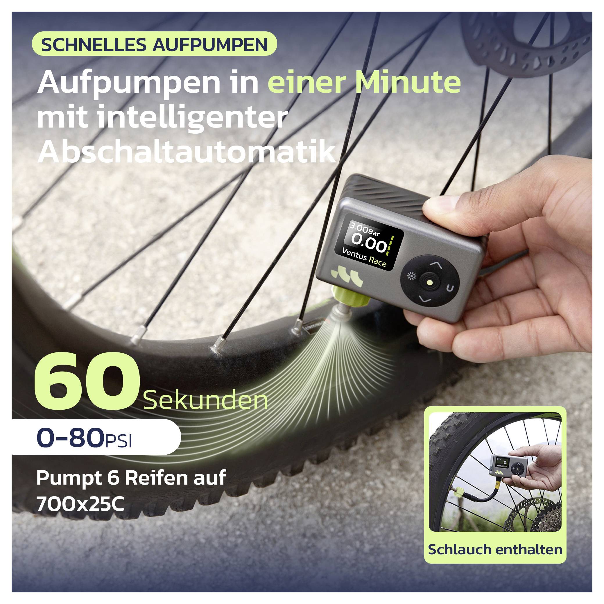 Elektrická pumpa nafukuje bicyklov pneumatiku; nemecký text hovorí o rýchlom pumpovaní za jednu minútu, automatické vypnutie, 60 sekúnd a nafúkne 6 pneumatík na 80 PSI.