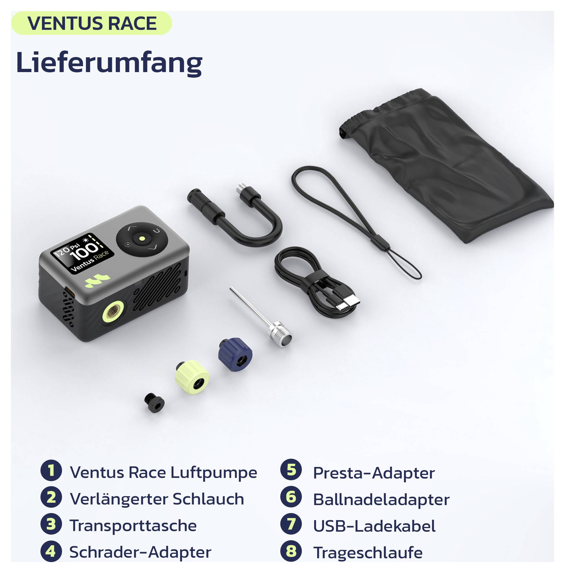 Obsah produktu Ventus Race: vzduchová pumpa, predĺžená hadica, taška na prepravu, adaptér Schrader, adaptér Presta, adaptér s ihličkou na lopty, kábel USB na nabíjanie a pás.