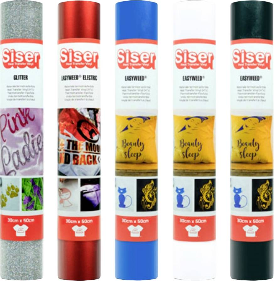 Päť rolí Siser vinilu v rôznych úpravách: glitter, červený electric, modrý easyweed, žltý easyweed s textom "Beauty sleep" a biely easyweed s textom "Beauty sleep".