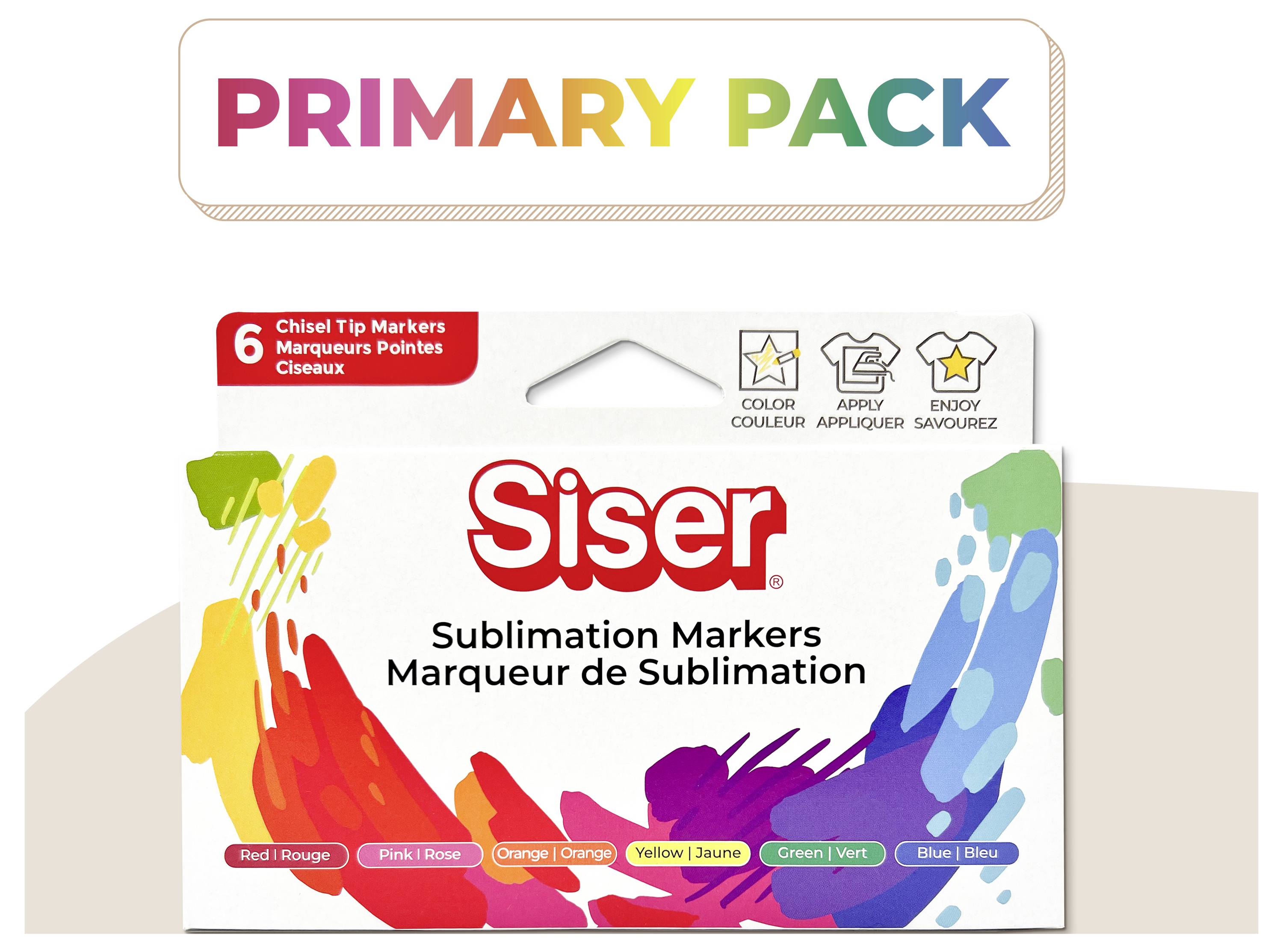 Sada primárnych značkovačov Siser Sublimation Markers obsahuje 6 značkovačov so skosením v rôznych farbách: červená, ružová, oranžová, žltá, zelená, modrá.
