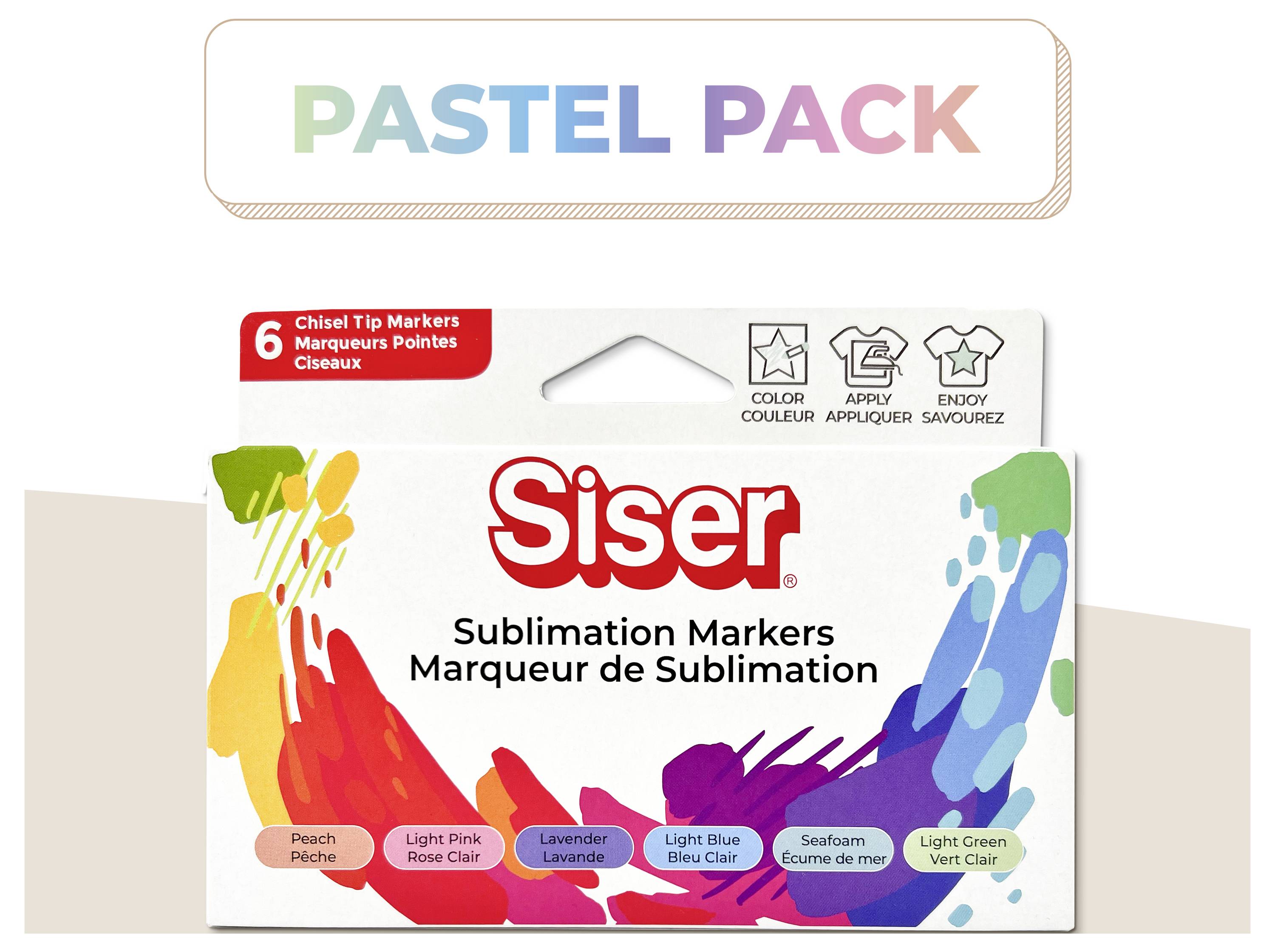 Sublimačné značkovače „Pastel Pack" od Siser, ktoré obsahujú šesť farieb: Broskyne, Svetlá ružová, Levanduľa, Svetlá modrá, Morský pena a Svetlá zelená.