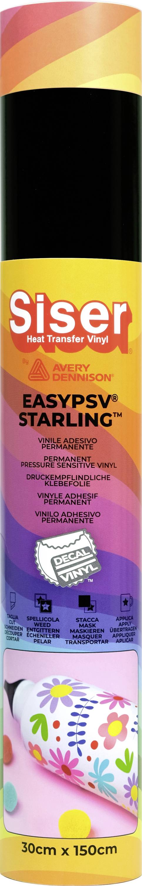 Rolka vinylového Siser EasyPSV Starling, 30cm x 150cm, s multifarebným dizajnom a detailmi o odolnosti a použití na tvorbu remesiel.