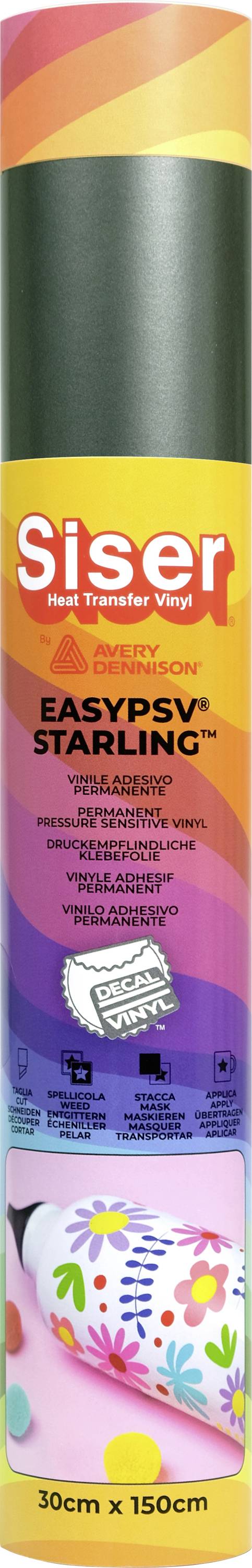 Farebná rolka Siser EasyPSV Starling vinylií s dekoratívnymi vzormi na etikete. Text znie „Trvalý", vhodný na kľúčovú tvorbu.