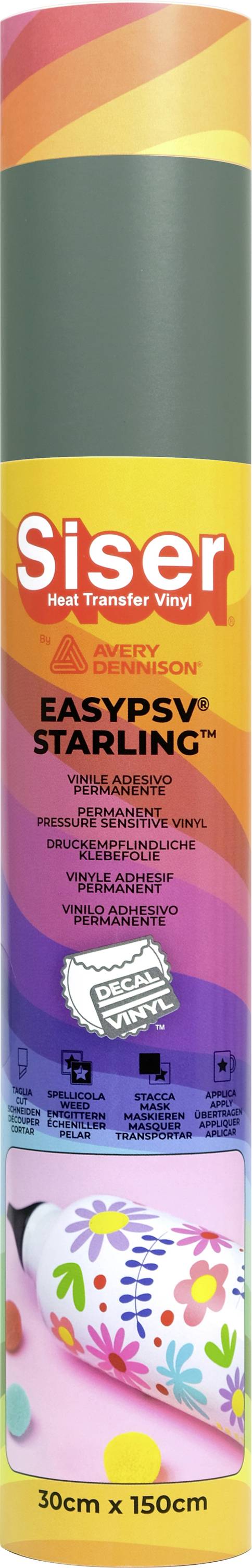Živá pestrofarebná rolka Siser EasyPSV Starling vinylového materiálu, s rozmermi 30cm x 150cm, s dúhovými a bodkovanými vzormi.