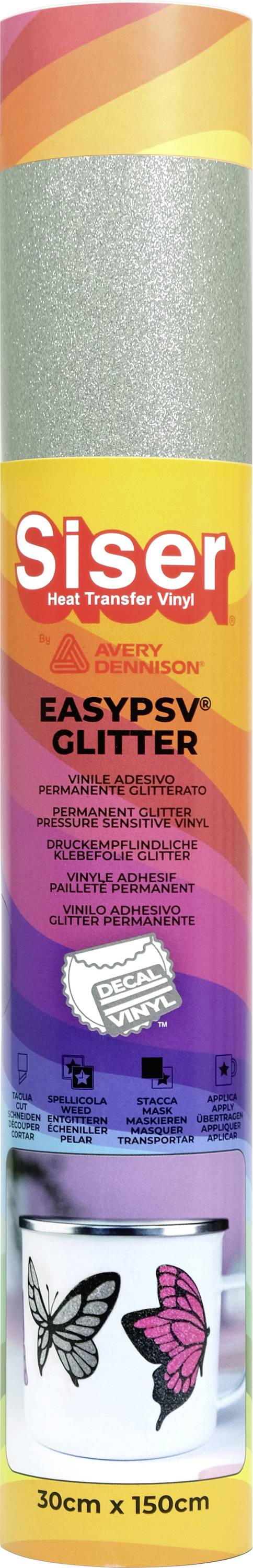 Rolka Siser EasyPSV Glitter v farebnom balení, s motívmi motýľov na spodnej časti, navrhnutá na prispôsobenie pomocou tepelného prenosu.