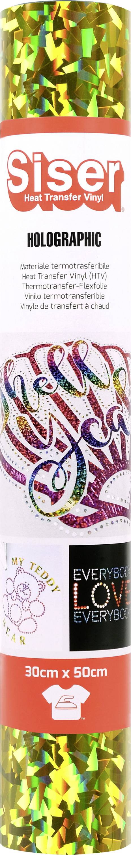 Rolka holografickej vinylnej fólie Siser, 30 cm x 50 cm, s príkladmi farebného, reflexného dizajnu.