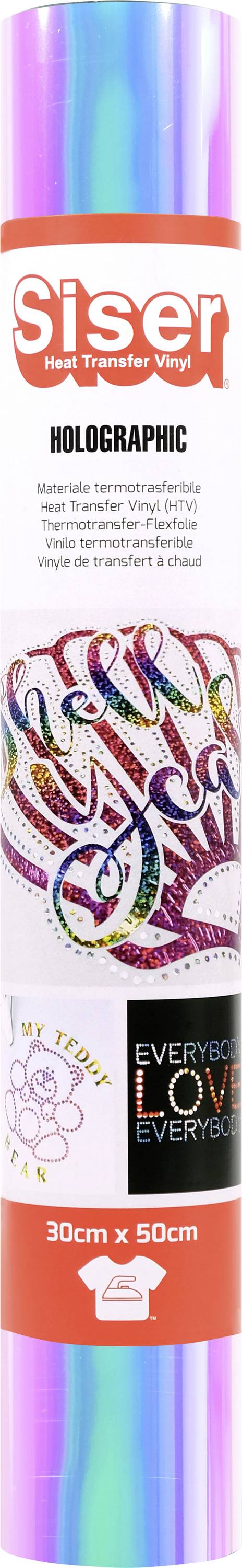 Rol holografickej vinylowej pásky Siser, 30cm x 50cm, s živými farbami a vzormi, určený na remeslné práce a návrhov na tkaniny.