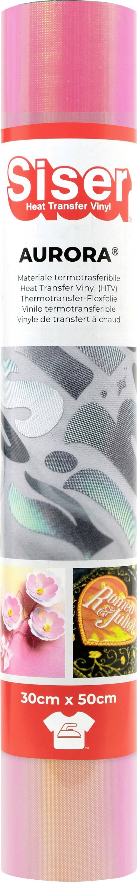Zrolovaný list Siser Aurora tepelného prenosového vinylu s ružovým, dúhovým leskom, označený '30cm x 50cm', zobrazujúci kvetinové a grafické vzory.