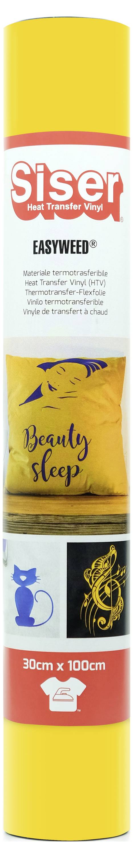 Vysoká rola Siser EasyWeed tepelne prenosného vinyluu v jasnej žltej farbe, s nápisom "Beauty Sleep," 30 cm x 100 cm, s dekoratívnym čiernym a zlatým návrhom mačky.