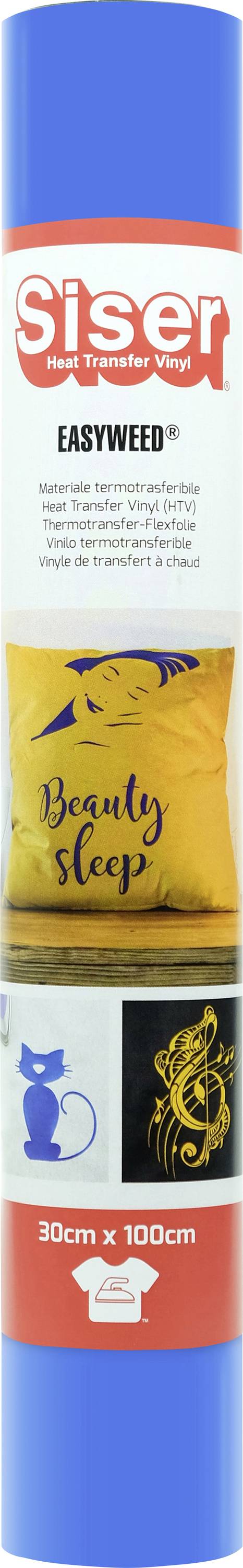 Valec Siser EasyWeed teplotného prenosového vinylú s príkladmi: žltý vankúš s nápisom „Beauty Sleep", modrý dizajn mačky a žltá hudobná nota.