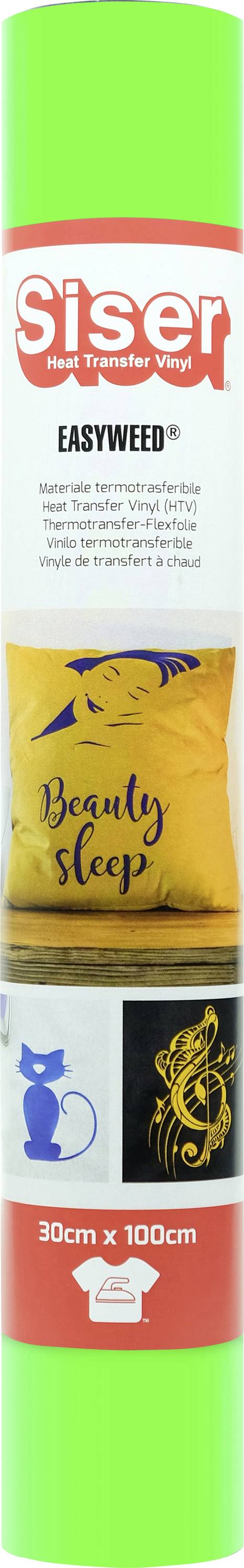 Rolka Siser EasyWeed vinylu s obrázkami zobrazujúcimi jeho aplikáciu na tkaninu, s vankúšom s nápisom "Beauty Sleep" a dekoratívnymi vzormi.