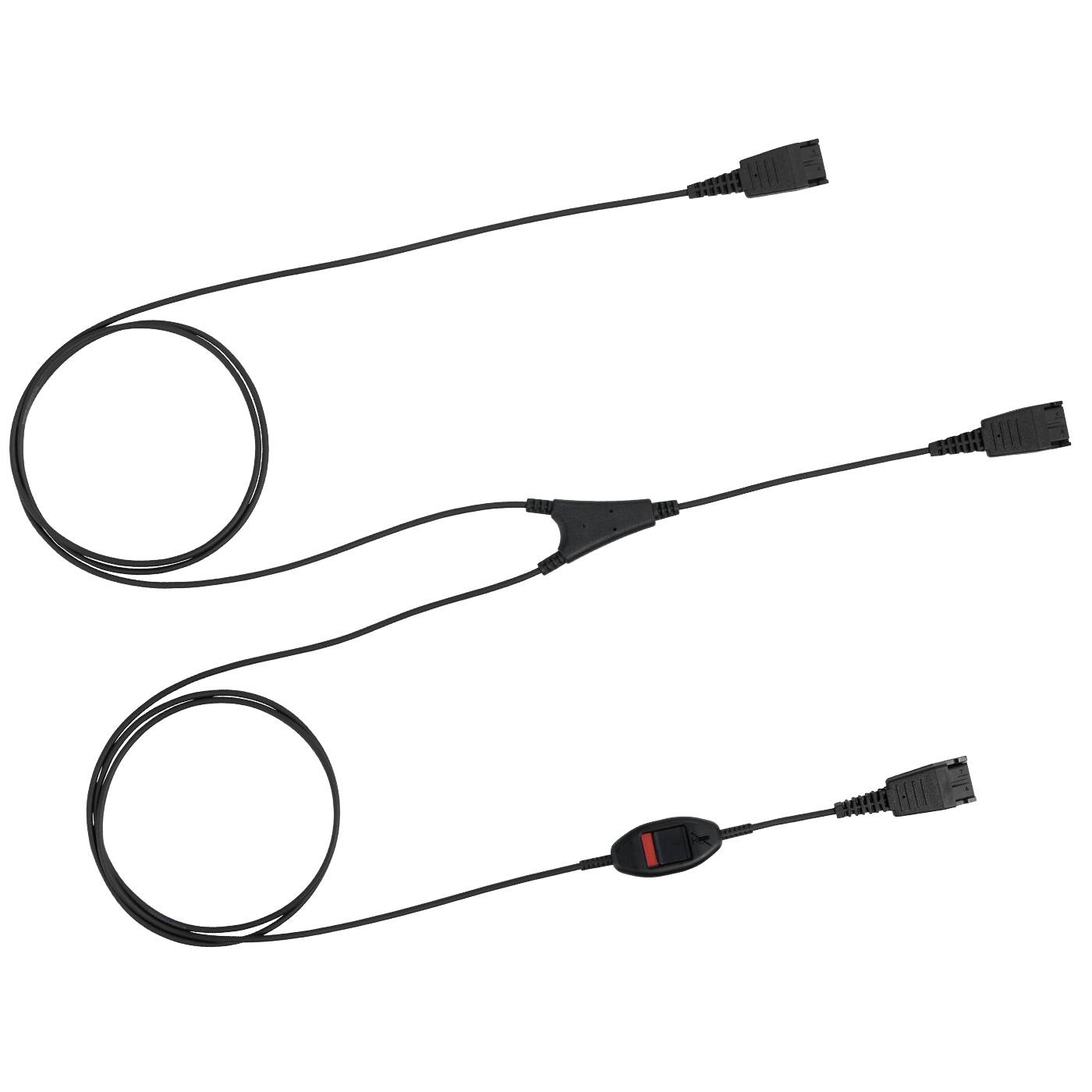 Tri čierne USB káble s rôznymi priamymi konektormi, jeden s malým červeným prepínačom, zobrazené na bielom pozadí.