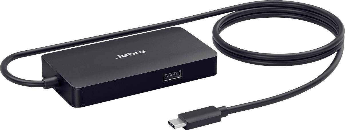 Čierny nabíjací hub s káblom USB-C a logom 'Jabra' na krabici, určený na pripojenie a napájanie kompatibilných zariadení.