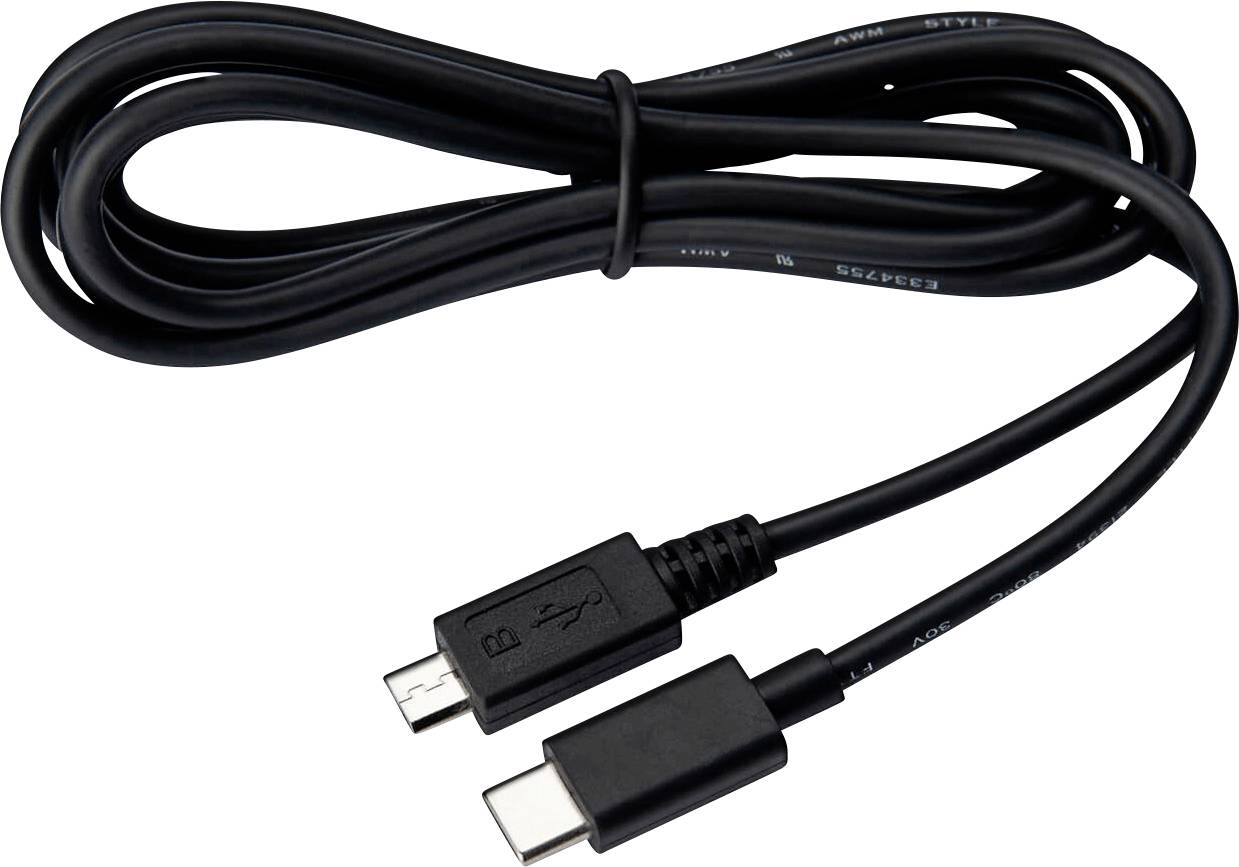 Čierny kábel s konektorom USB-C na jednom konci a mikro USB konektorom na druhom konci, úhľadne stočený na uskladnenie.