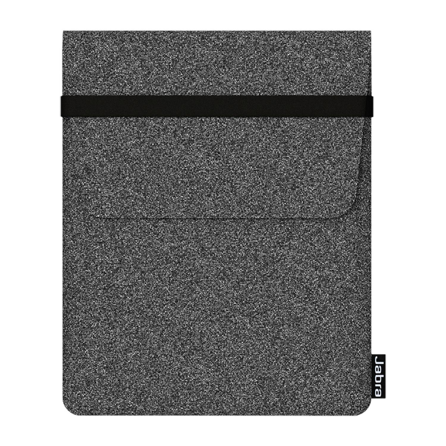 Sivý látkový obal na notebook s čiernym horizontálnym pásikom a malým značkou Jabra v pravom dolnom rohu.