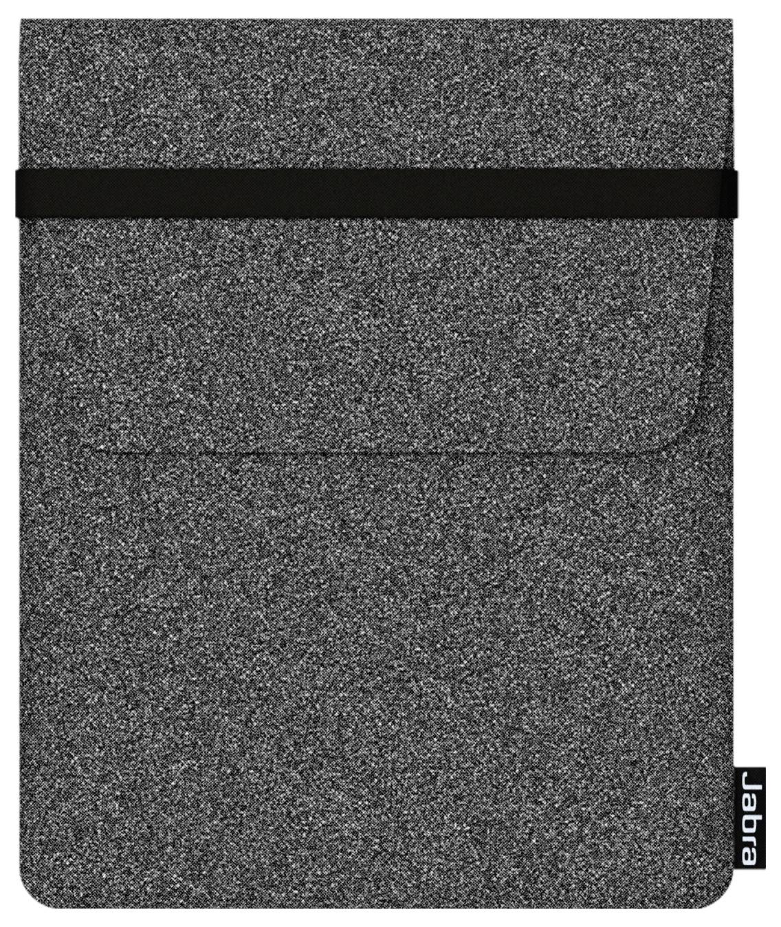 Sivý textúrovaný puzdro alebo obal Jabra s čiernym horizontálnym pásom a logom Jabra v pravom dolnom rohu.