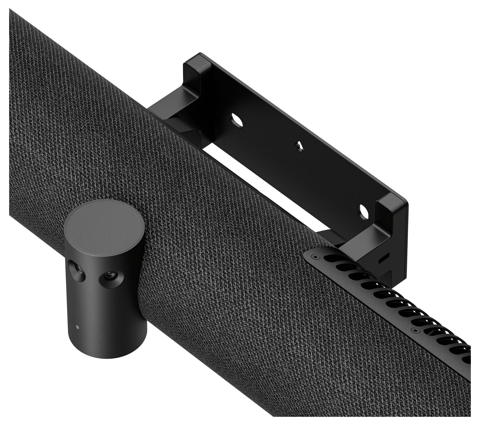 Nástenný čierny soundbar s držiakom, s minimalistickým valcovitým dizajnom a elegantnou textúrou látky.