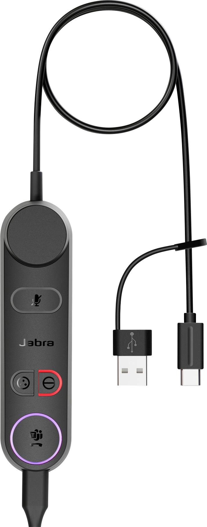 Čierna, obdĺžniková diaľková ovládač s mikrofónom, tlačidlom na volanie a tlačidlami hlasitosti a pripojeným USB kablom.