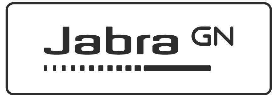 Jabra GN logo s tučným čiernym textom „Jabra", „GN" vpravo a horizontálnym radom malých štvorcov dole.