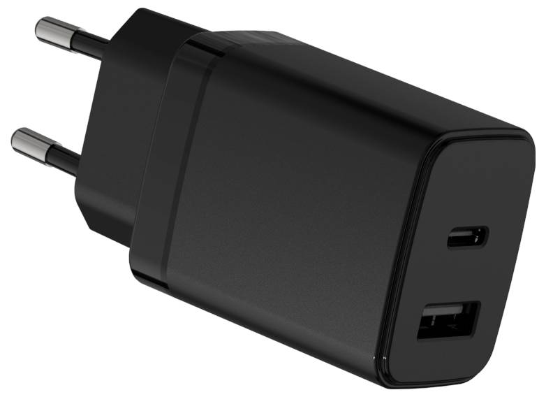 Čierny USB nabíjací adaptér s dvoma zástrčkami a dvoma portami: jeden USB-C a jeden USB-A, na nabíjanie elektronických zariadení.