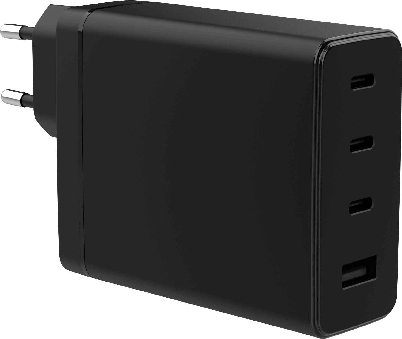 Čierny USB nástenný nabíjač so štyrmi portmi: tri USB-C a jeden USB-A, navrhnutý pre simultánne nabíjanie viacerých zariadení a má európske zástrčky.