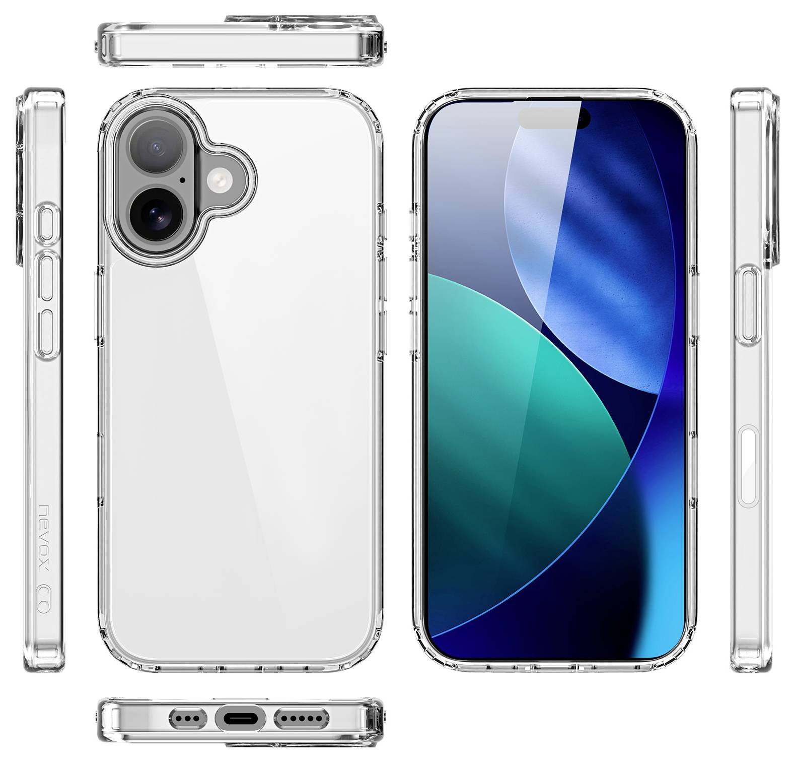 Priehľadný kryt na smartphone znázorňujúci predinú a zadnú stranu smartphonu s duálnymi fotoaparátmi a moderným, geometrickým dizajnom obrazovky.