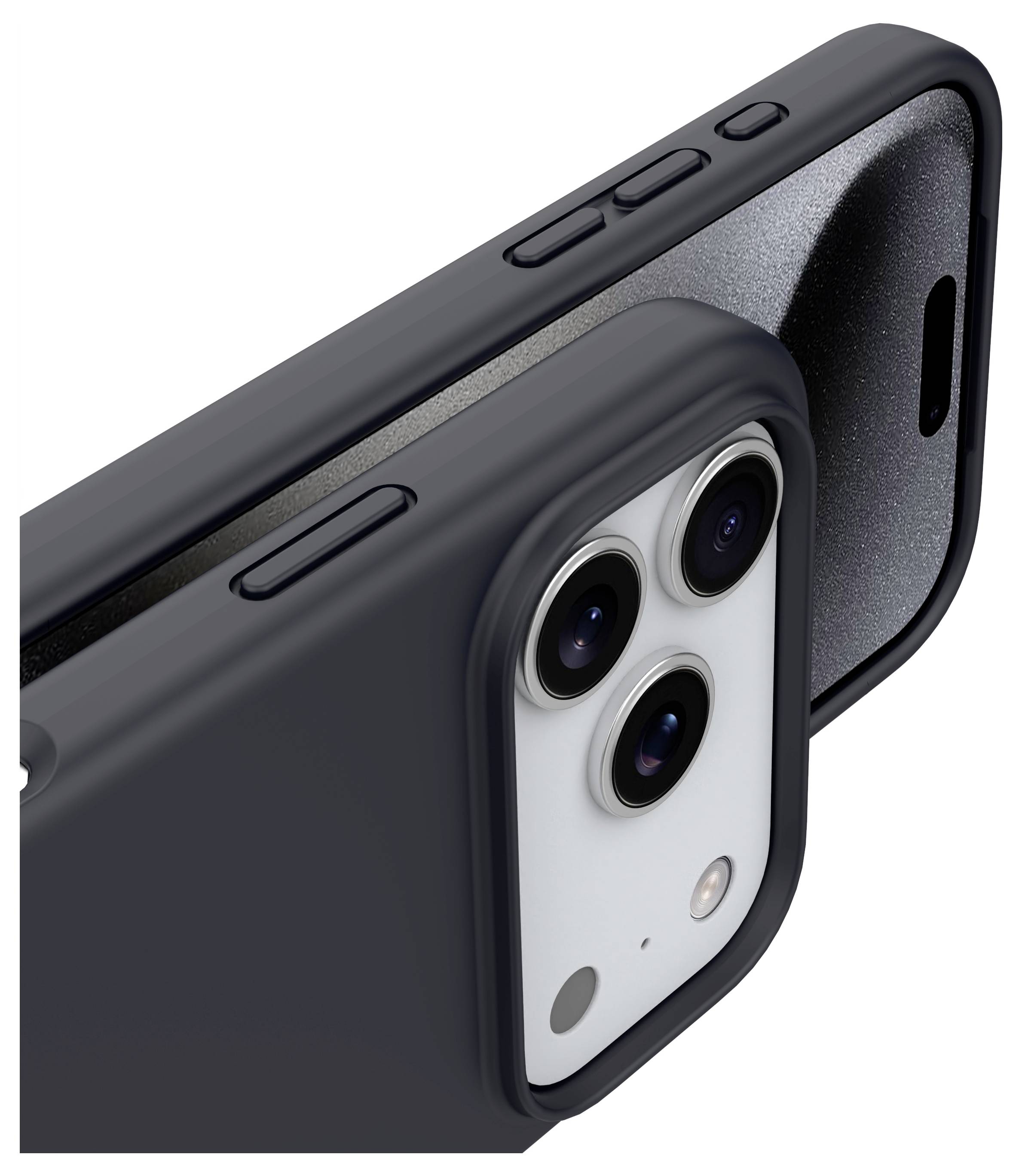 Zblízka moderný smartphone s čiernym puzdrom, na zadnej strane zobrazujúci tri objektívy fotoaparátu, čím sa zdôrazňuje jeho elegantný dizajn.