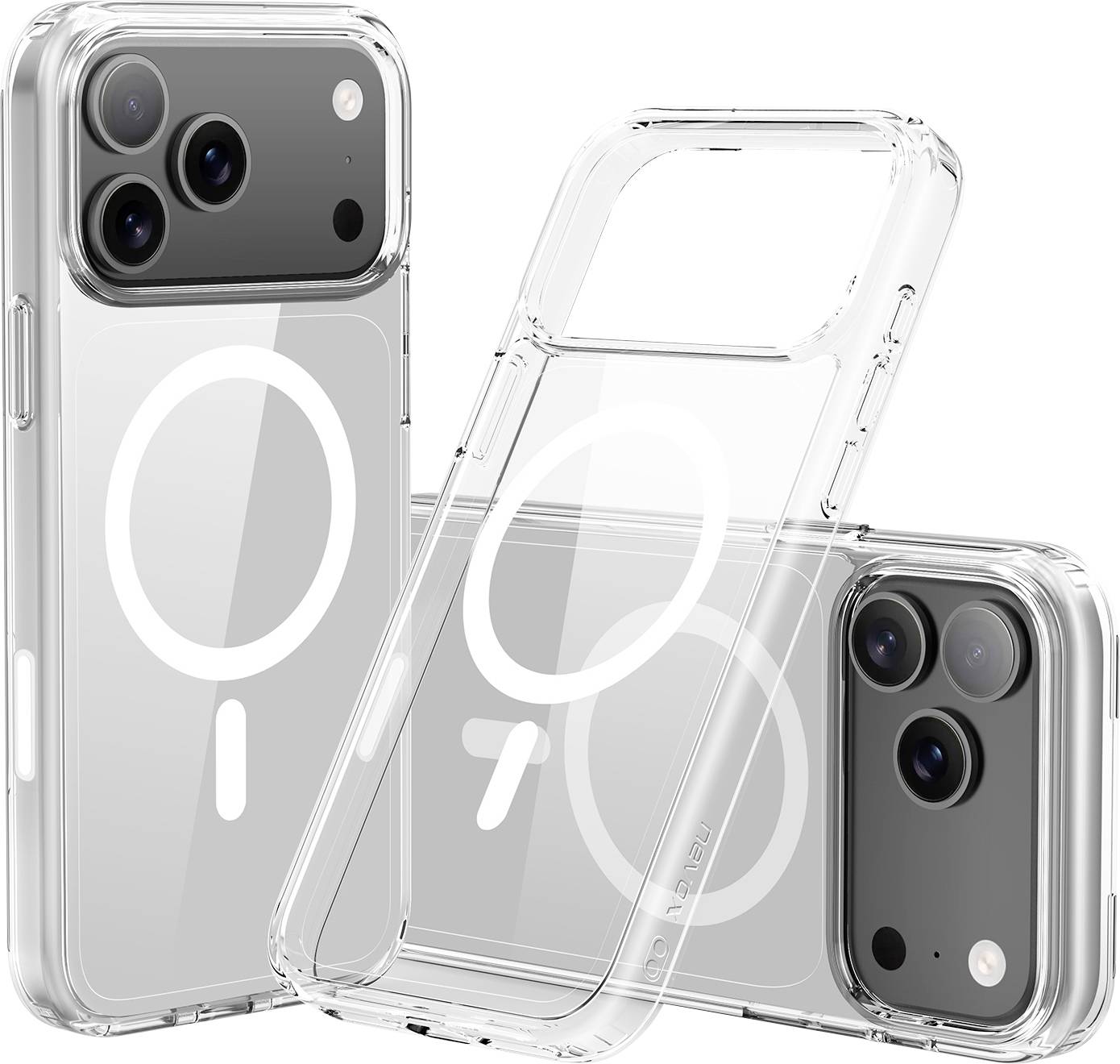 Tri číre puzdra na smartfóny s funkcou MagSafe s kruhovými a lineárnymi vzormi, zdôrazňujúce kompatibilitu s novými modelmi.