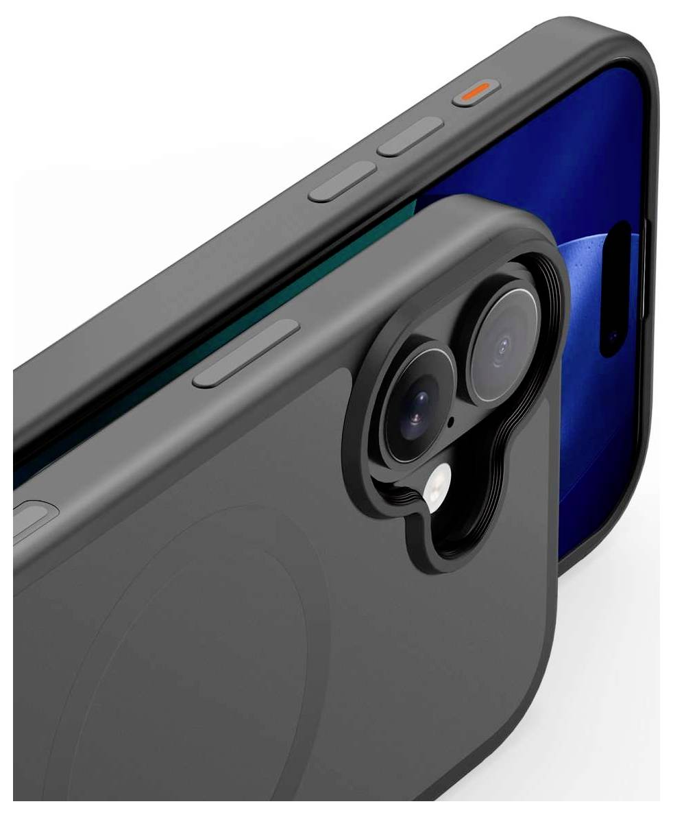 Zblízka fotografia smartphonu v ochrannom puzdre, ktoré zobrazuje výrez pre zadnú duálnu kameru a bočné tlačidlá.