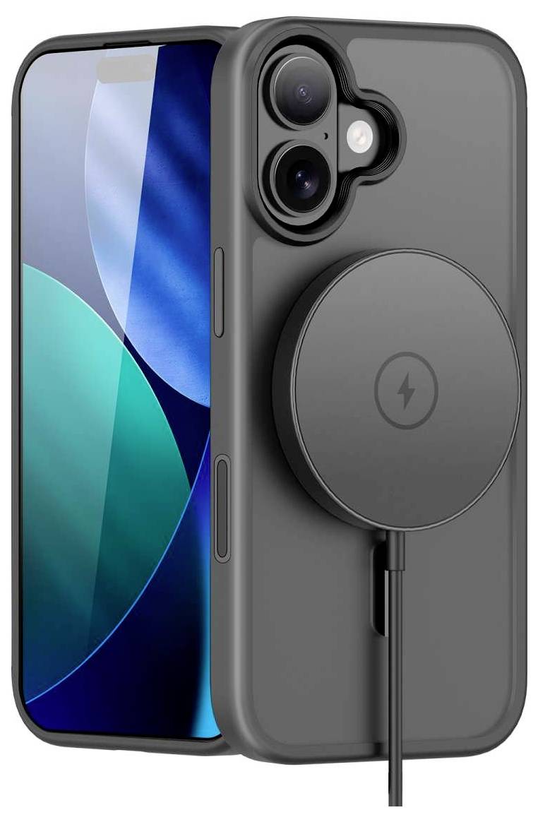 Čierny kryt smartfónu s magnetickým nabíjacím diskom MagSafe pripevneným na zadnej strane, zobrazený na iPhone s viditeľným výrezom pre kameru.