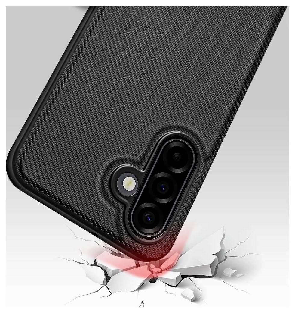 Zblížený pohľad na textúrovaný čierny obal telefónu chrániacej roh fotoaparátu smartfónu, keď sa telefón zdá praskaný na povrchu, čo ukazuje ochranu pred nárazom.
