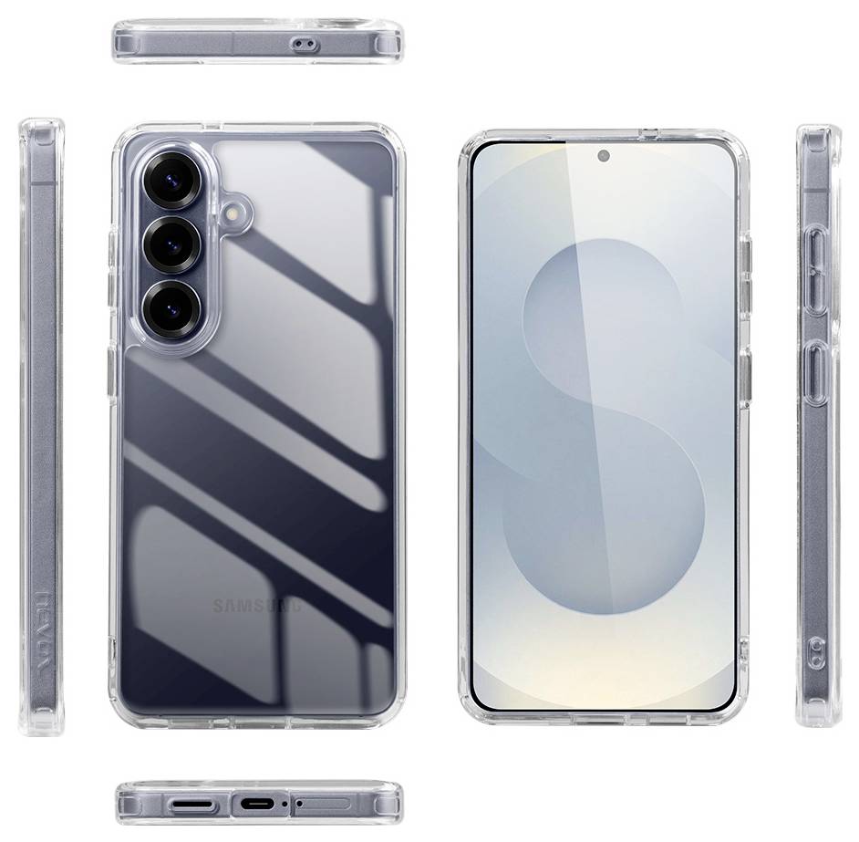 Číry ochranný obal na telefón zobrazený z viacerých uhlov okolo smartfónu Samsung, zdôrazňujúci výrez pre fotoaparát, krytky tlačidiel a štíhly transparentný dizajn.