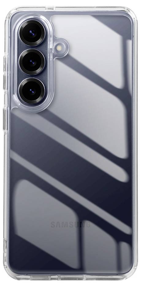 Transparentný obal na telefón zobrazujúci zadnú stranu smartfónu Samsung s tromi zadnými kamerami a tmavým reflexným povrchom.
