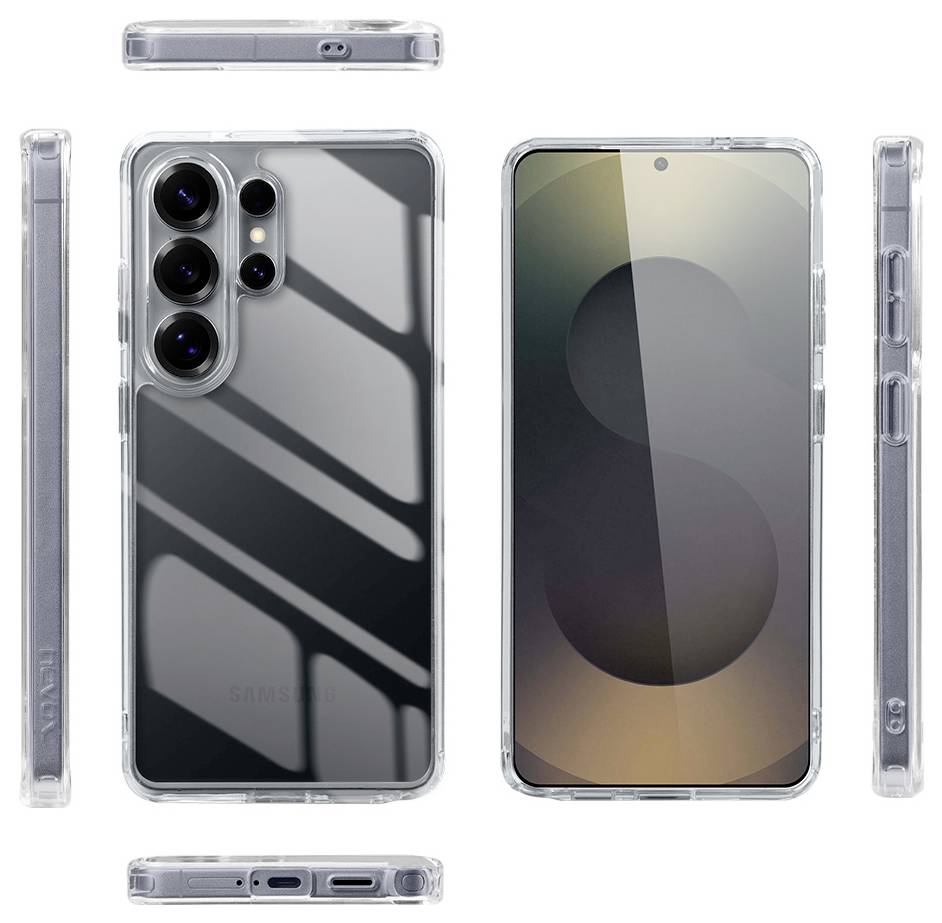 Číry obal na telefón zobrazený na smartfóne Samsung vpredu, vzadu, zhora, zdola a z bočného pohľadu.