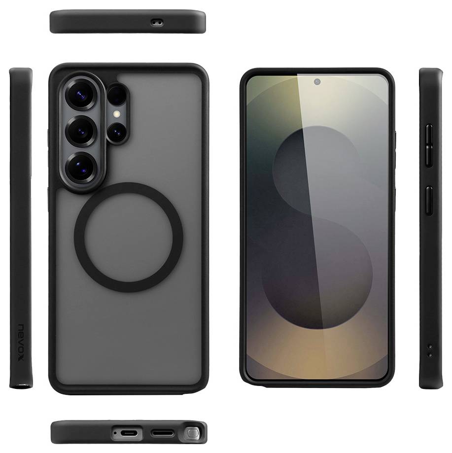 Rozložený pohľad na pouzdro smartfónu zobrazujúci prednú stranu, zadnú stranu, boku, vrch a spodok; zadná strana má výrez pre fotoaparát a kruhový prsteň MagSafe.