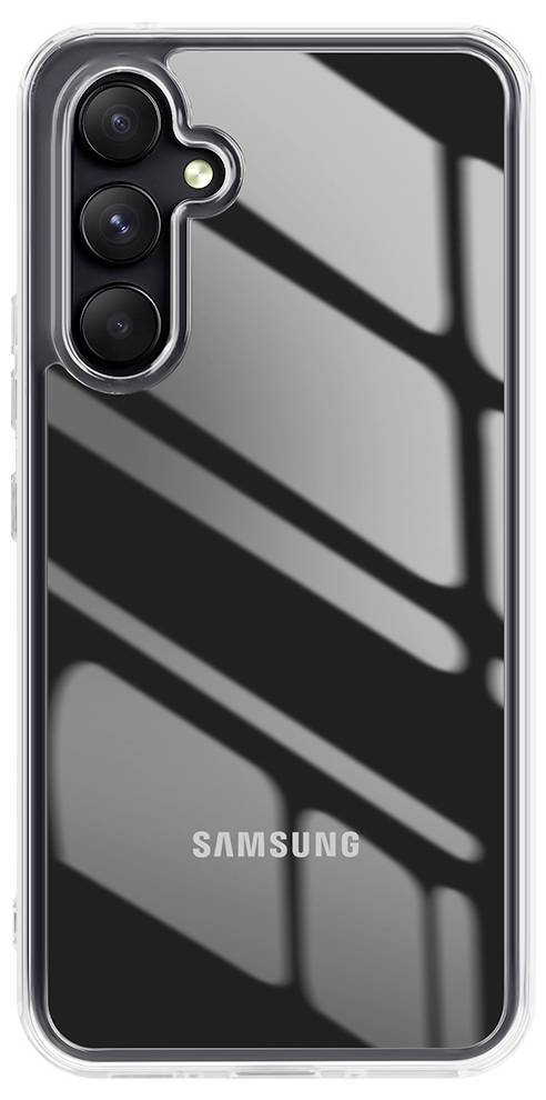 Priehľadný obal na telefón Samsung s čiernou geometrickou vložkou, zobrazujúci otvor pre zadnú kameru a logo Samsung.