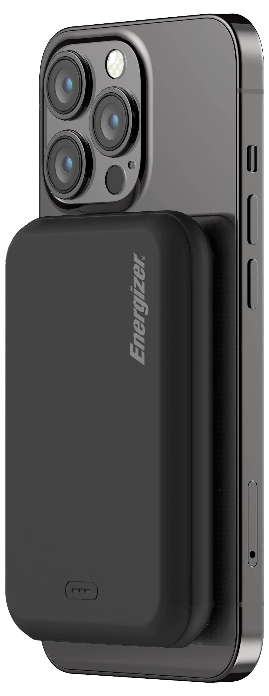 Čierna powerbank značky Energizer je pripevnená na zadnej strane smartfónu s trojitou kamerou.