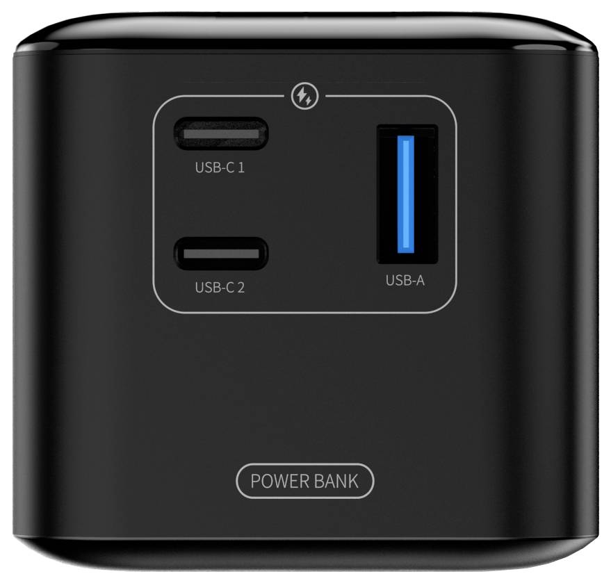 Čierna power banka s dvoma USB-C portami, jedným USB-A portom a jasne označeným tlačidlom "Power Bank", navrhnutá na nabíjanie zariadení.