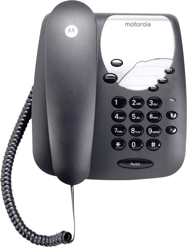 Na jednoduchom pozadí je znázorený čierny drôtený telefón Motorola s numerickou klávesnicou, reguláciou hlasitosti a skrúteným kábľom slúchadla.