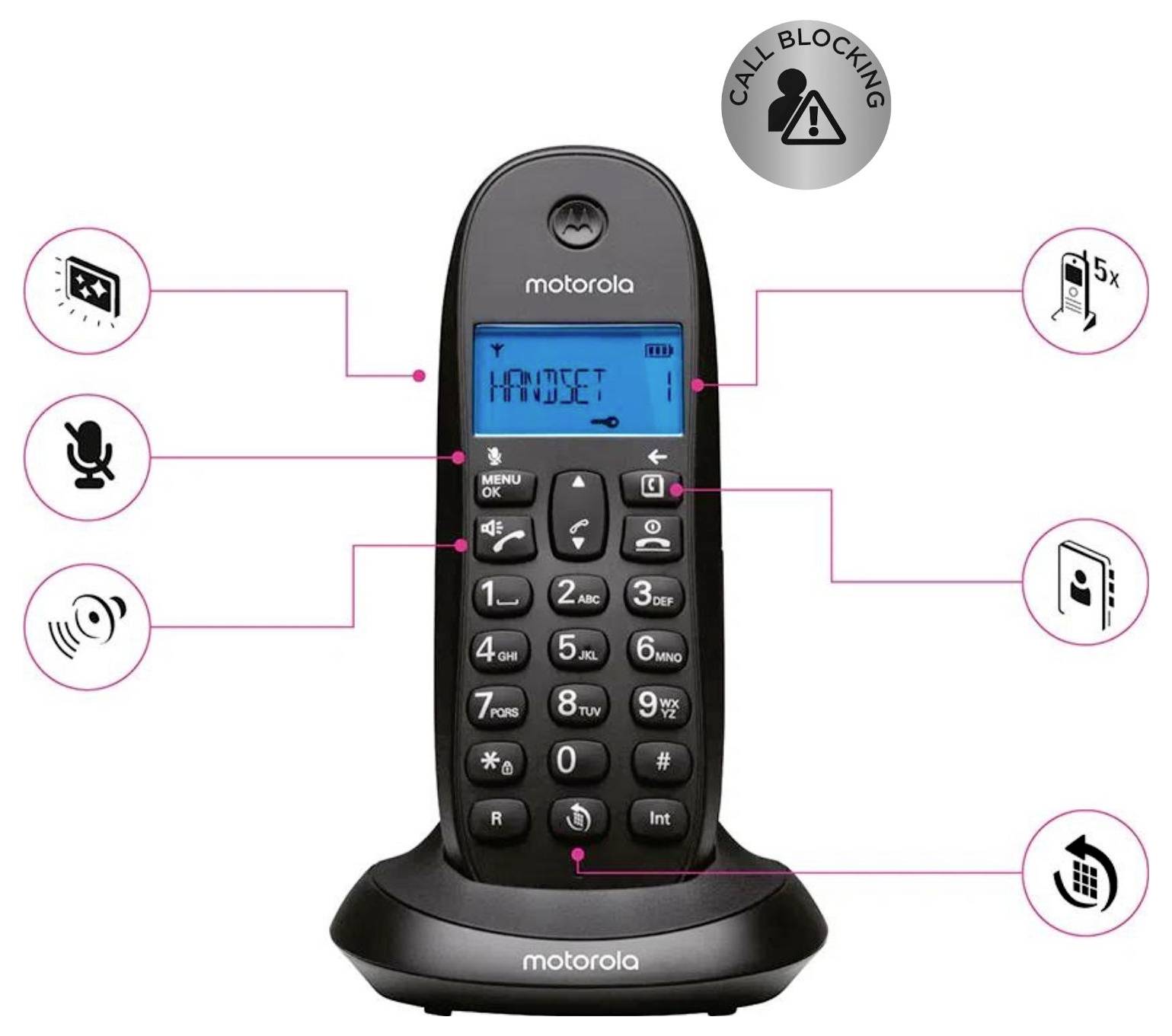 Motorola bezšnúrový telefón na nabíjacej základni, zobrazený s ikonami blokácie hovoru a funkcií zvýrazňujúcimi obrazovku, vypnutie zvuku, reproduktor, telefónny zoznam a funkciu opakovania posledného čísla.