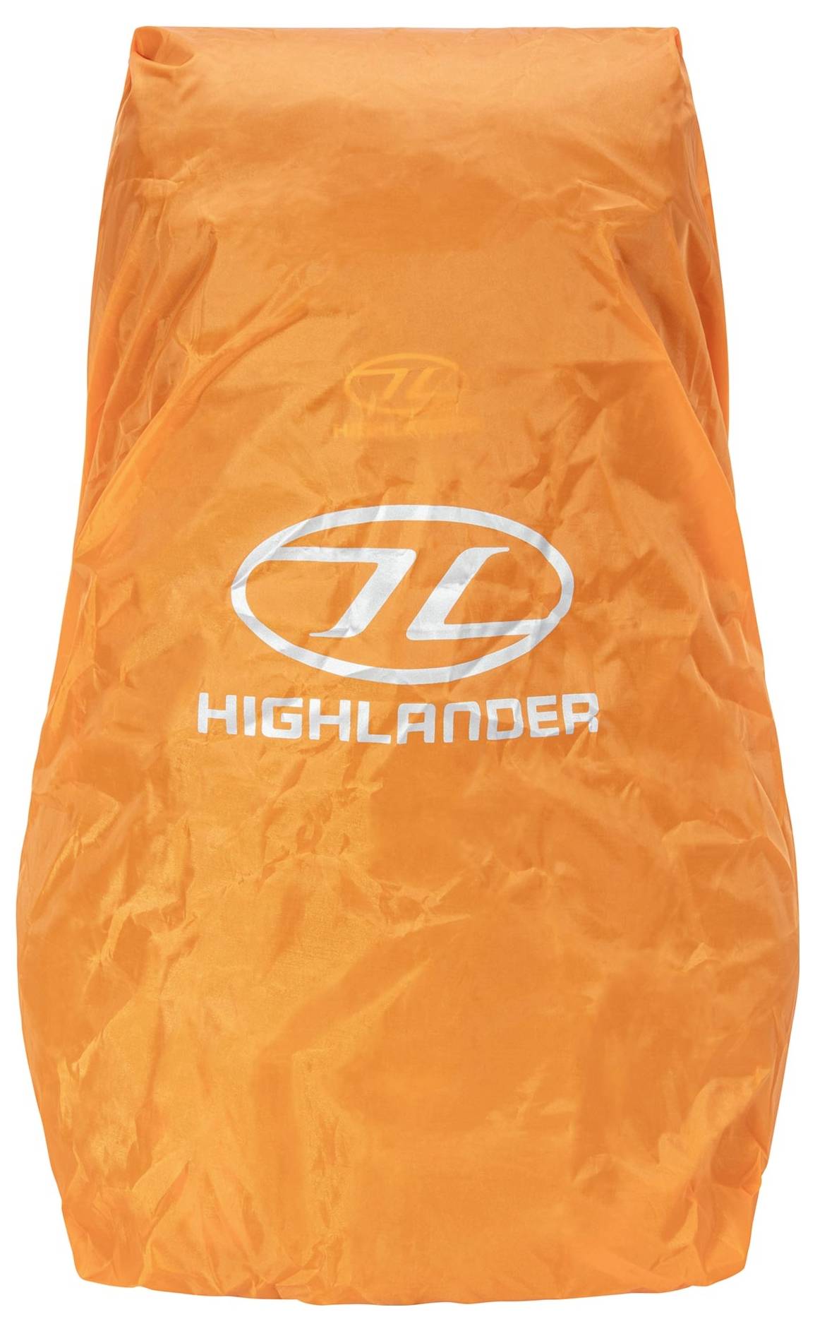 Oranžový dažďový kryt so značkou "Highlander" a dvojitým logom "H" navrhnutý pre batohy, poskytujúci vodotesný zátien.