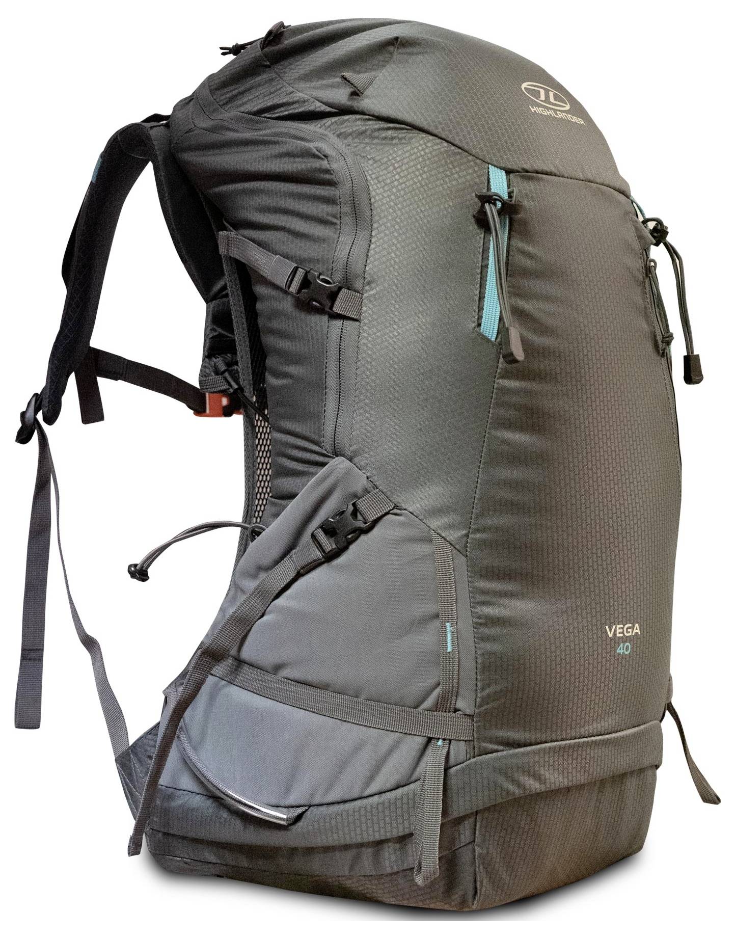 Sivý turistický batoh s viacerými oddielmi a nastaviteľnými popruhy, s logom značky a názvom modelu "Vega 40" na prednej strane.