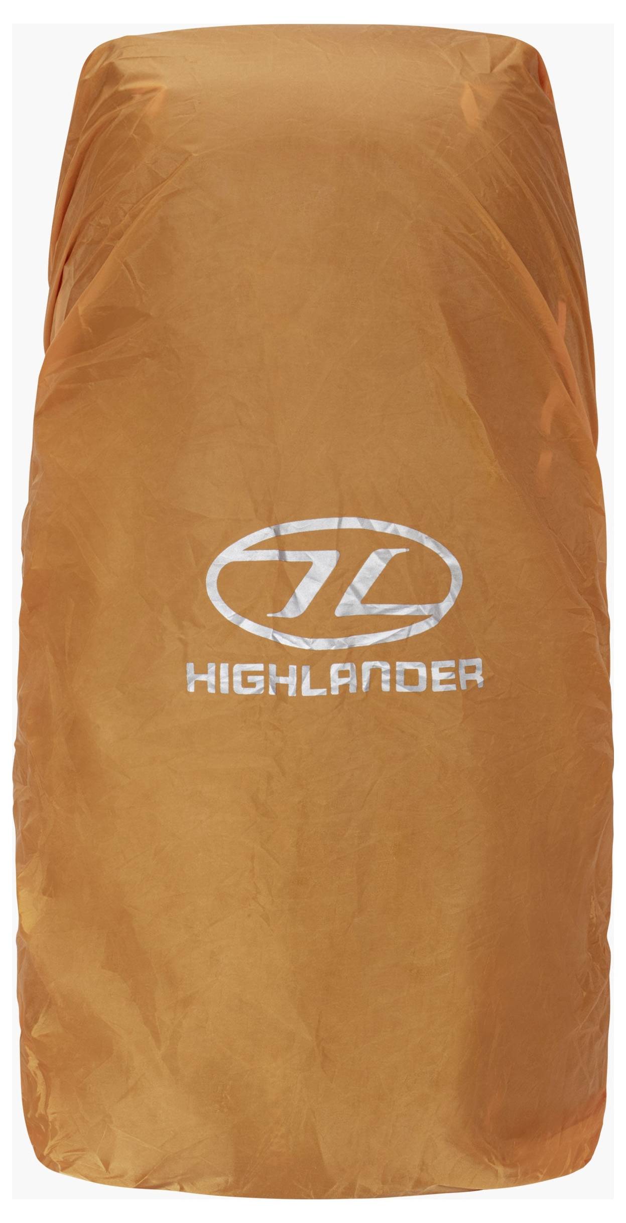 Oranžový nepremokavý obal na batoh s logom „Highlander" vytlačeným v bielej farbe v centre prednej strany.