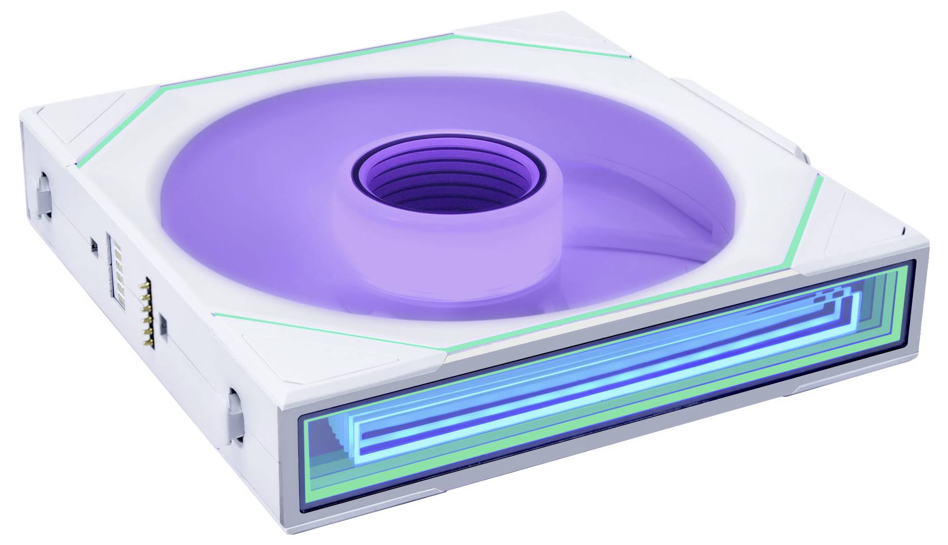 Futuristický, štvorcový chladiaci ventilátor s fialovým stredom a žiarivými modrými akcentmi, navrhnutý pre pokročilé PC zostavy.