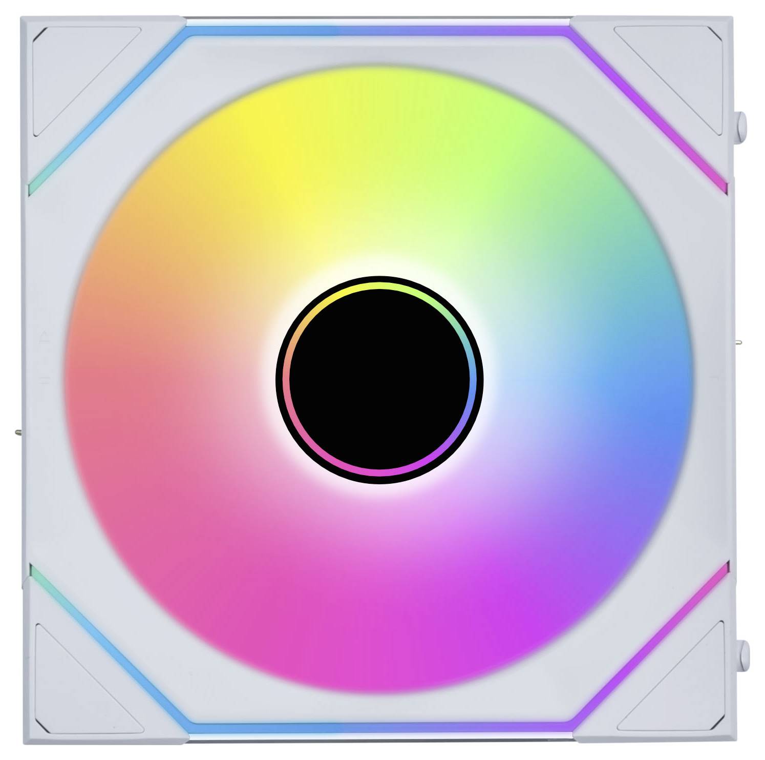 Chladiaci ventilátor počítača s displejom spektra farieb v kruhovom usporiadaní, čo naznačuje funkčnosť RGB osvetlenia.