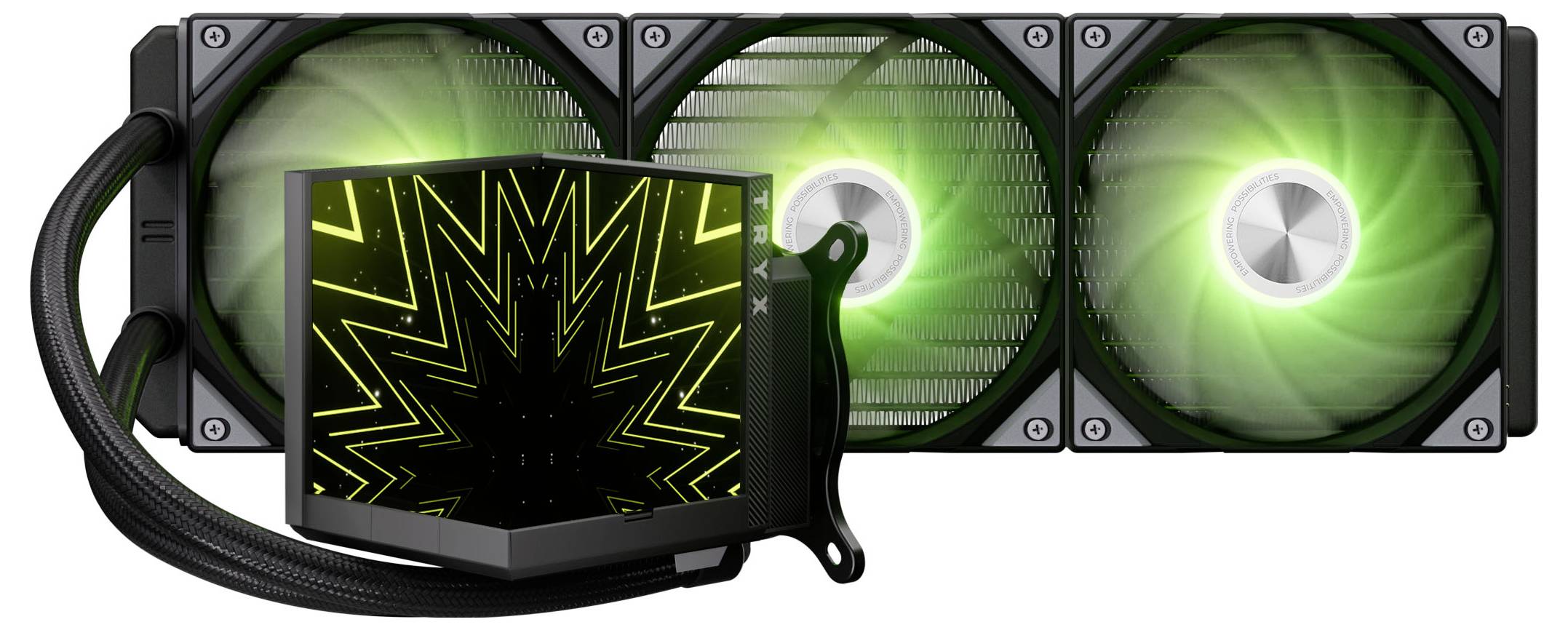 Kvapalinový chladič CPU s blokom so zeleným vzorom hviezdy a pripojeným chladičom s tromi osvetlenými ventilátorom.