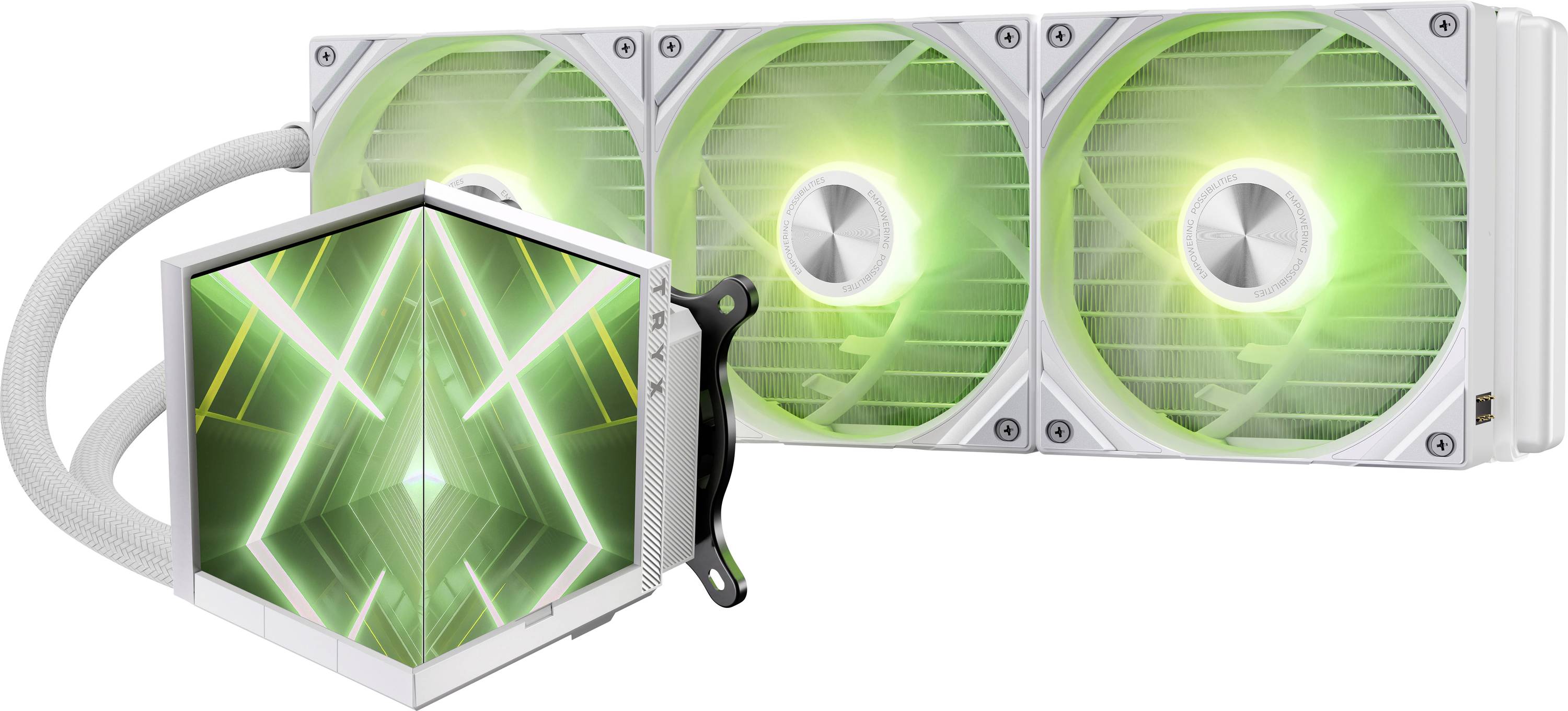 Počítačový systém chladenia kvapalinou s futuristickým dizajnom, s tromi prepojenými ventilátormi a svietiacim blokom čerpadla so zelenými a bielymi svetlami.